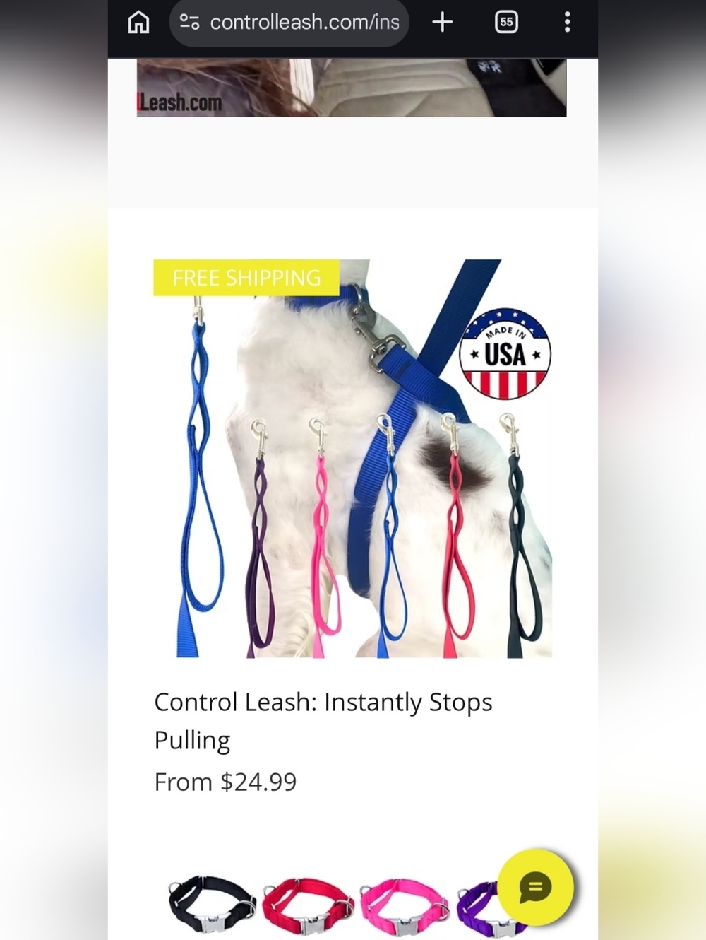 6' Control Leash Nylon Dog Leash Dual Handles Blue Controls Pulling Made In USA
